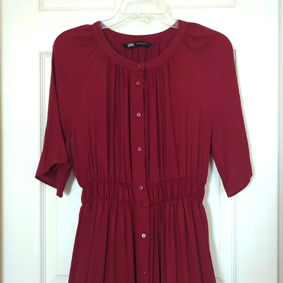 ZARA CRANBERRY BUTTON FRONT ACCENT WAIST DRESS SMALL - Picture 5 of 13